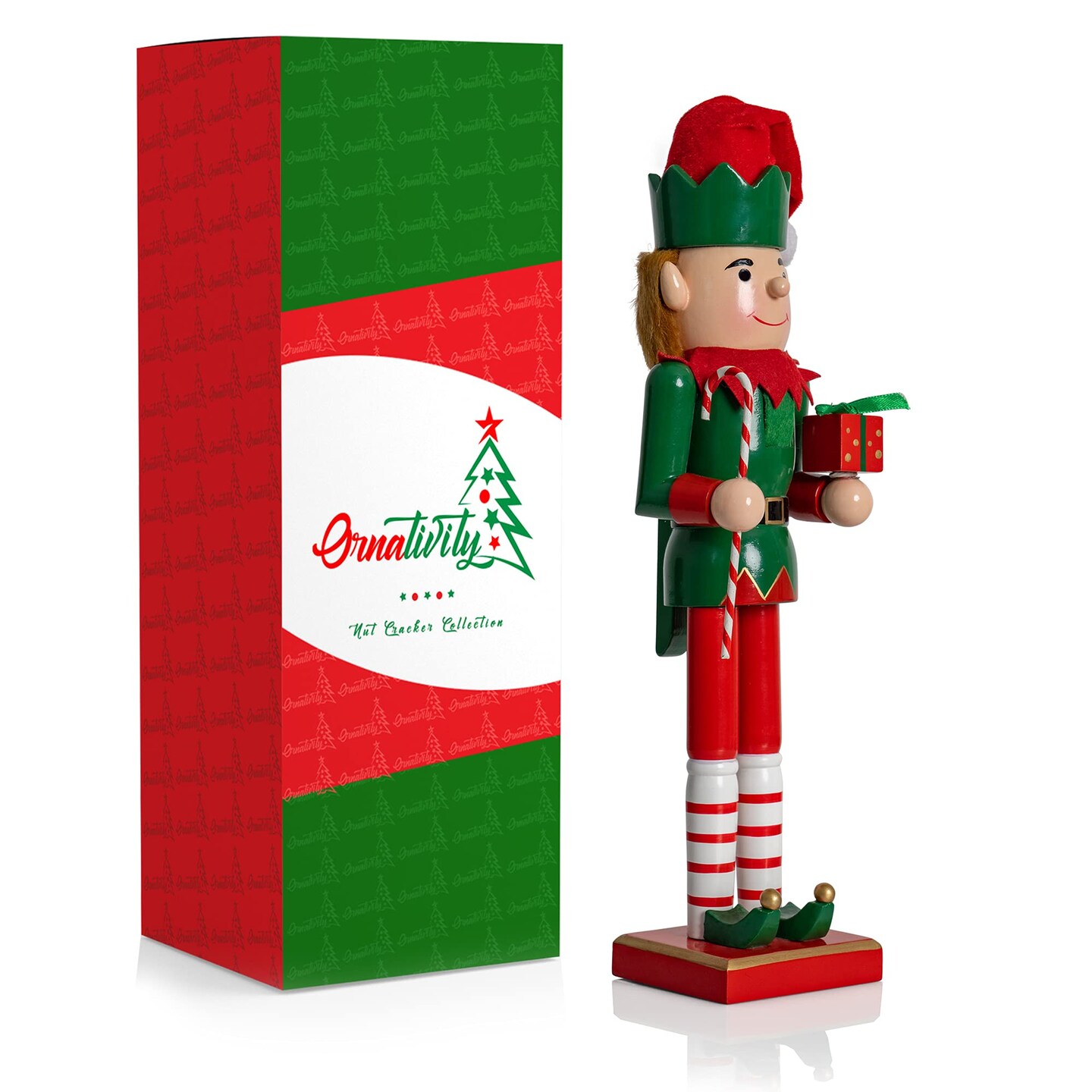 Ornativity Christmas Elf Holiday Nutcracker &#x2013; Red and Green Wooden Elf with Candy Cane and Gift Box Xmas Themed Holiday Nut Cracker Doll Figure Toy Decorations