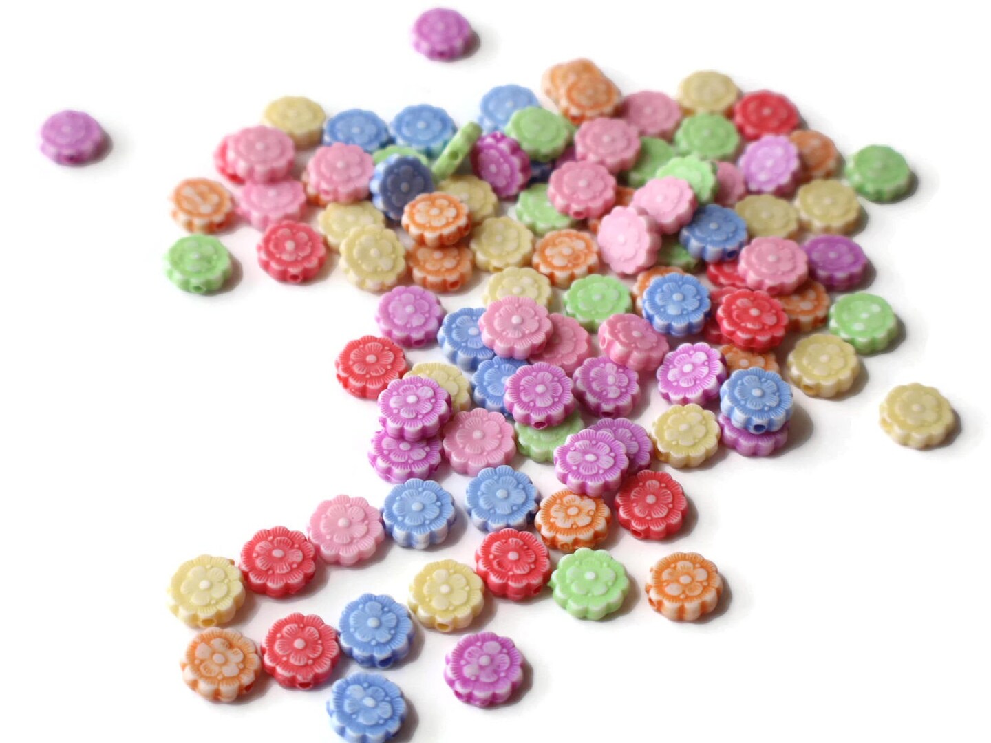 100 10mm Assorted Color Flower Beads Plastic Mixed Color Flat Round Beads bW1