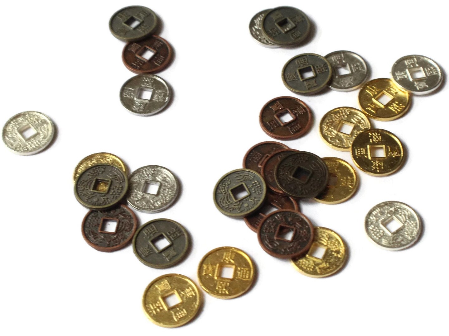 30 10mm Mixed Chinese Coin Beads Flat Round Miniature Replica Money with KangXi