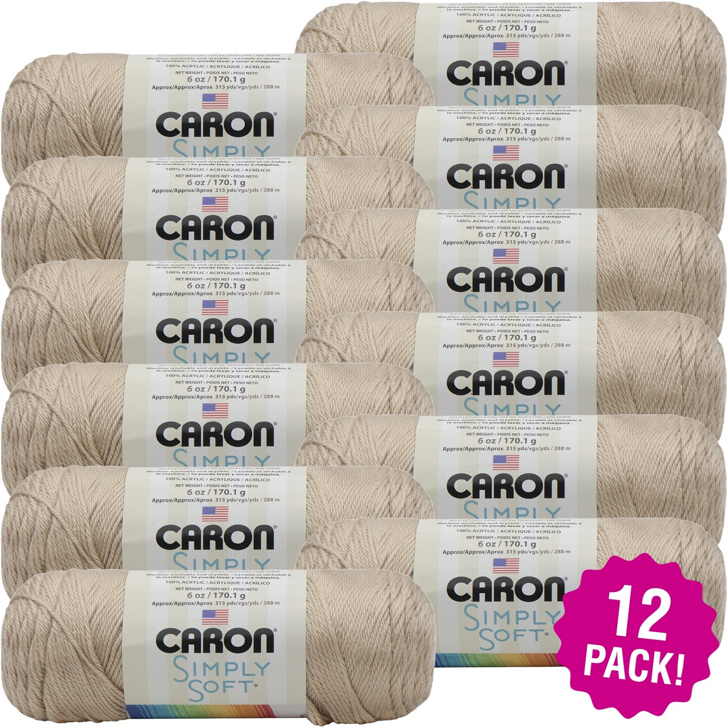 Multipack of 12 - Caron Simply Soft Solids Yarn-Bone