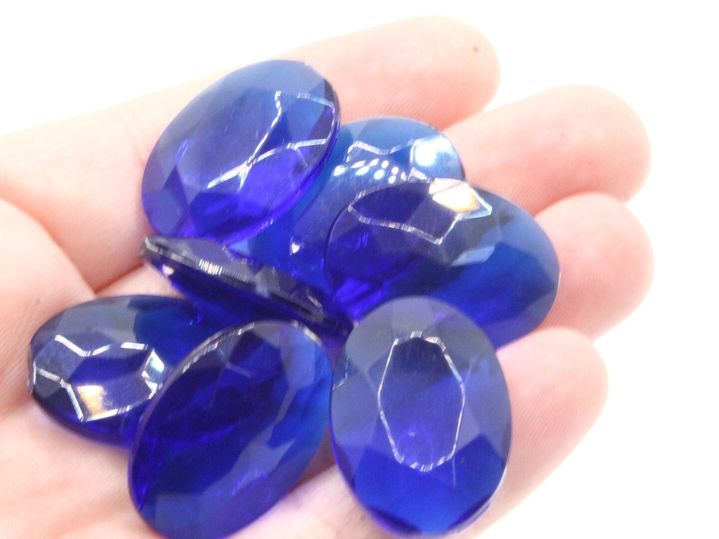 10 25mm Faceted Oval Sapphire Blue Vintage West Germany Plastic Rhinestone Cabochons