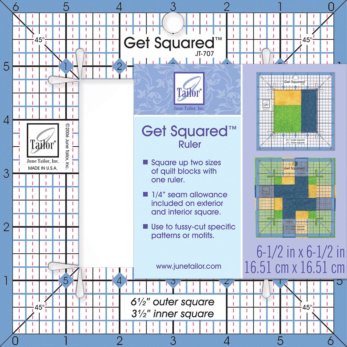 June Tailor Get Squared Ruler-6-1/2&#x22; Outer &#x26; 3-1/2&#x22; Inner