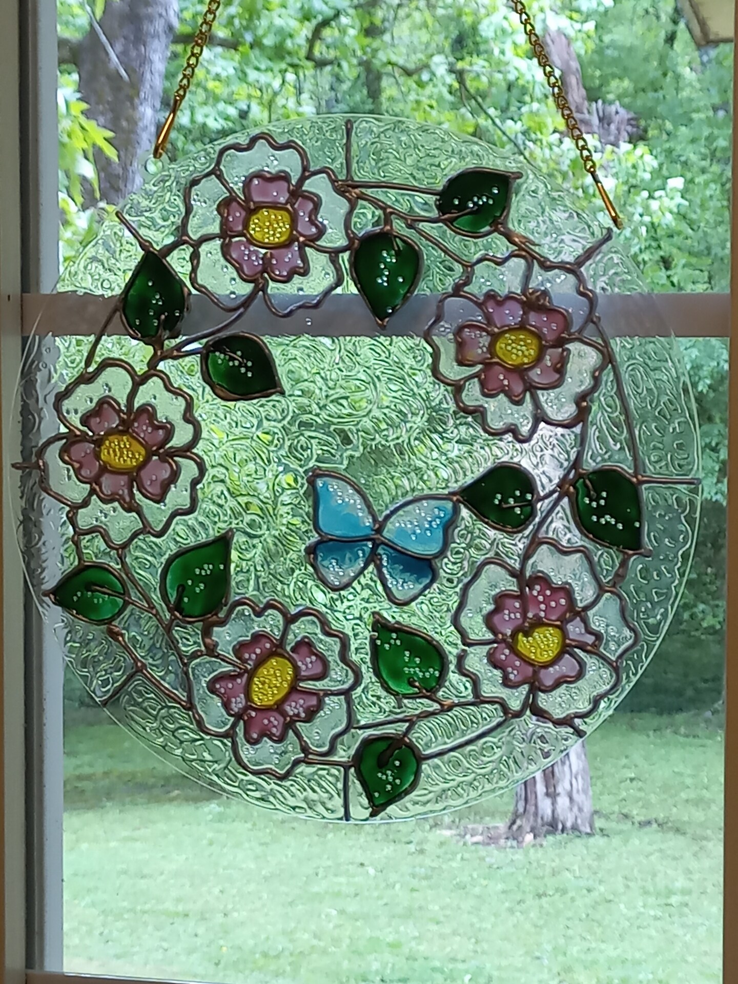 Butterfly and Ring of Flowers Stained Glass Art Suncatcher