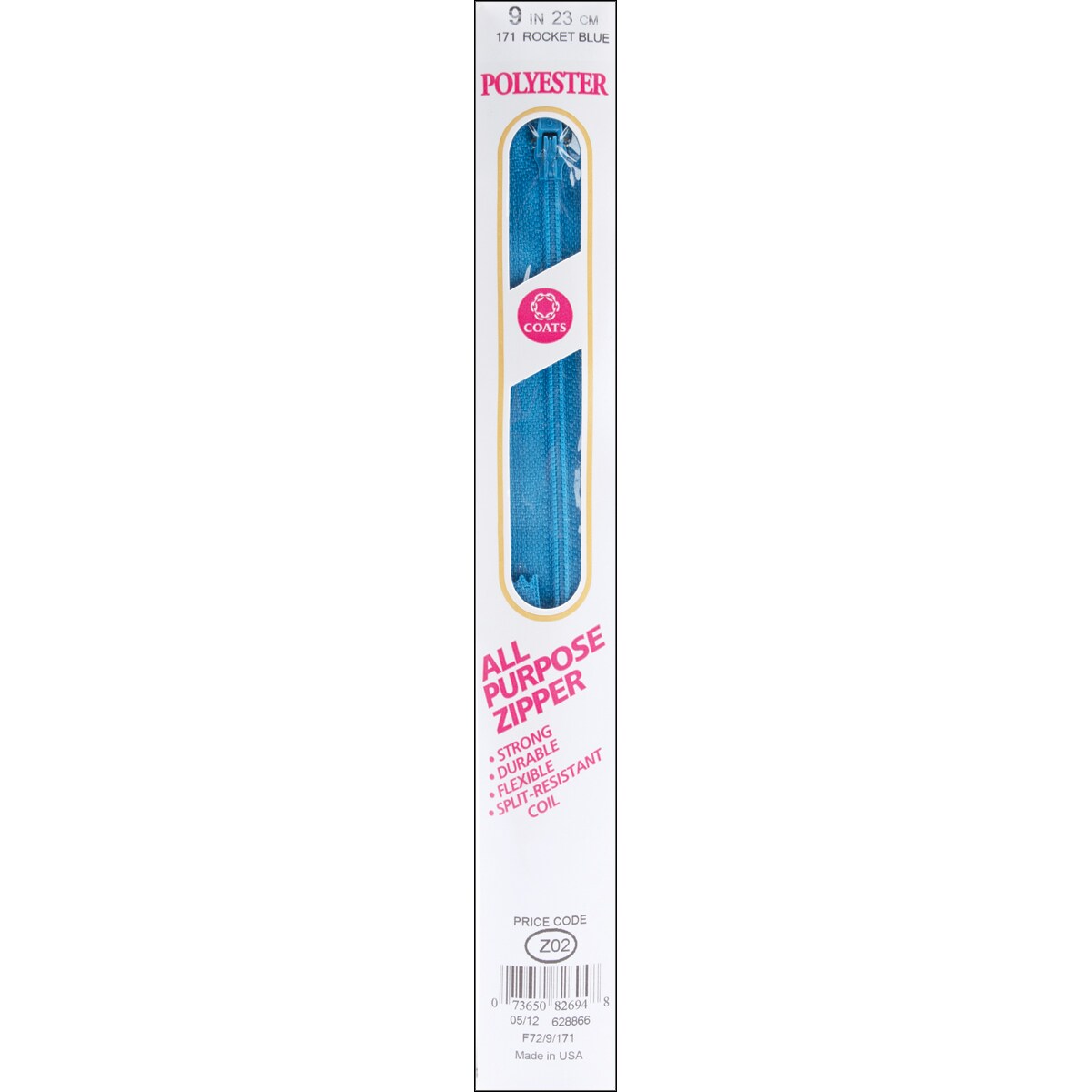 Coats All-Purpose Plastic Zipper 9&#x22;-Rocket Blue