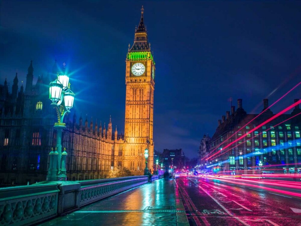 Big ben and westminster bridge with strip lights at night, London Poster Print by Assaf Frank - Item # VARPDXAF20170112084