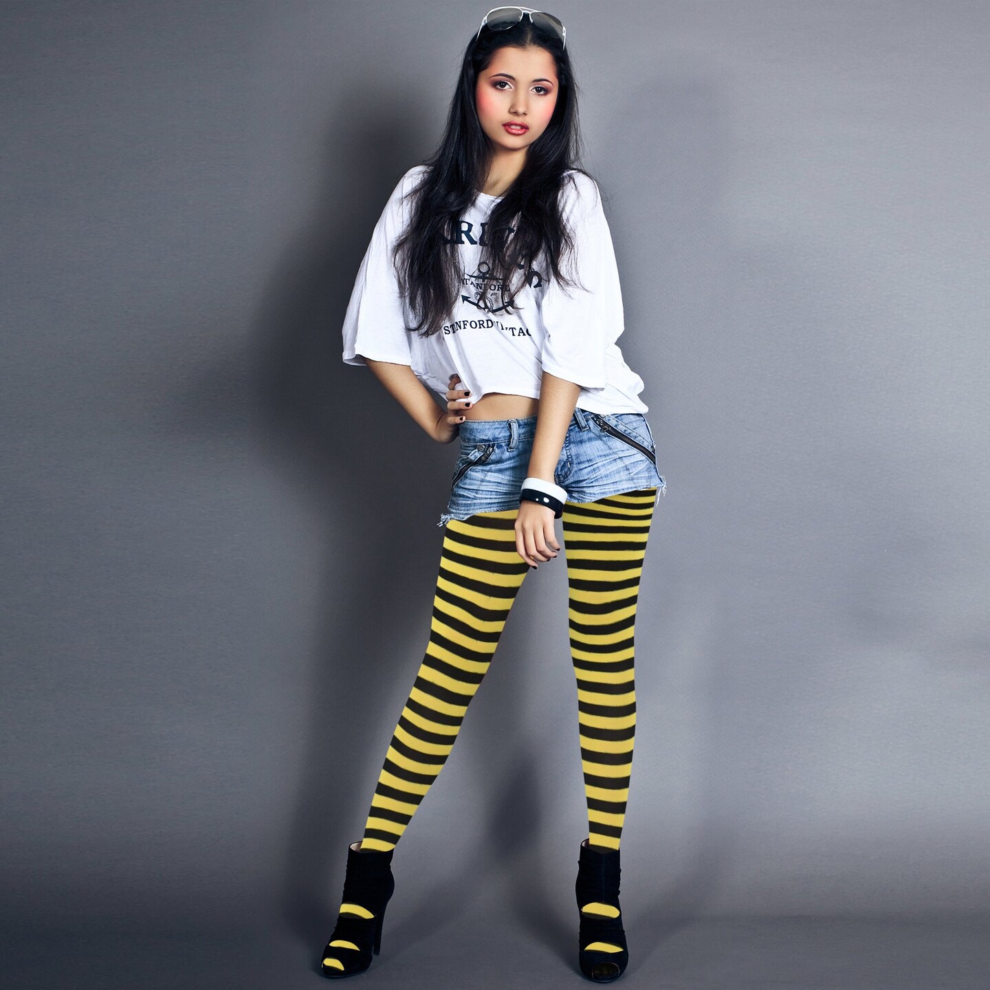 Black and Yellow Tights - Striped Nylon Bumble Bee Stretch Pantyhose Stocking Accessories for Every Day Attire and Costumes for Teens and Children