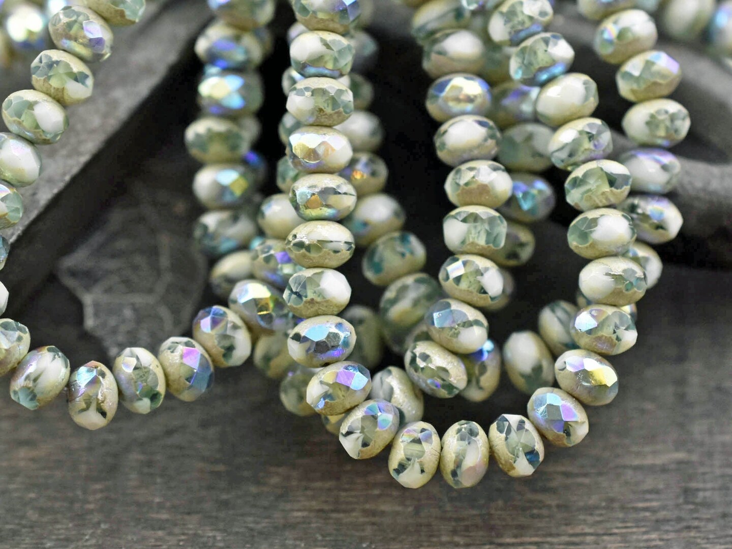 *30* 3x5mm Antique Silver AB Washed Blended Green/White Fire Polished Rondelle Beads