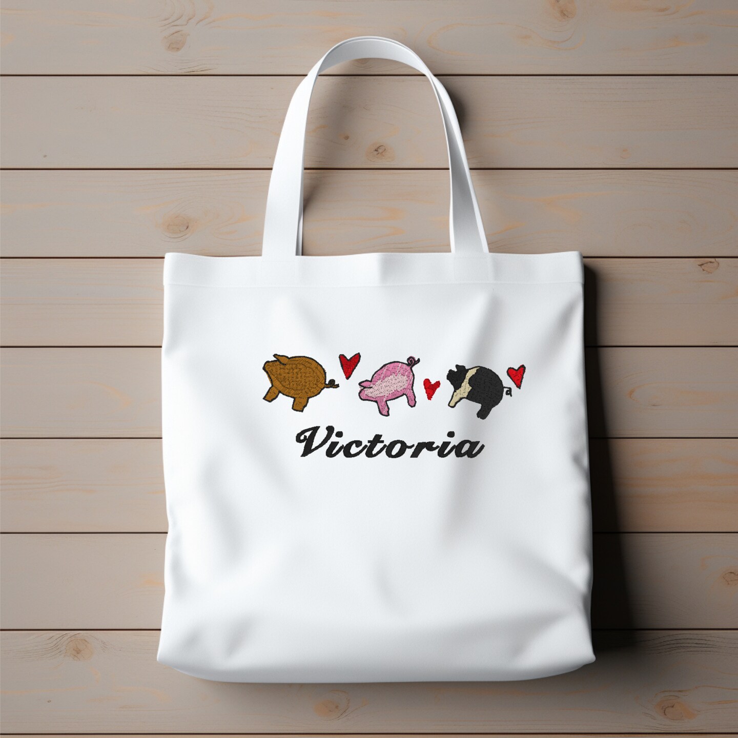 Personalized Embroidered Pigs Canvas Book Bag Reusable Grocery