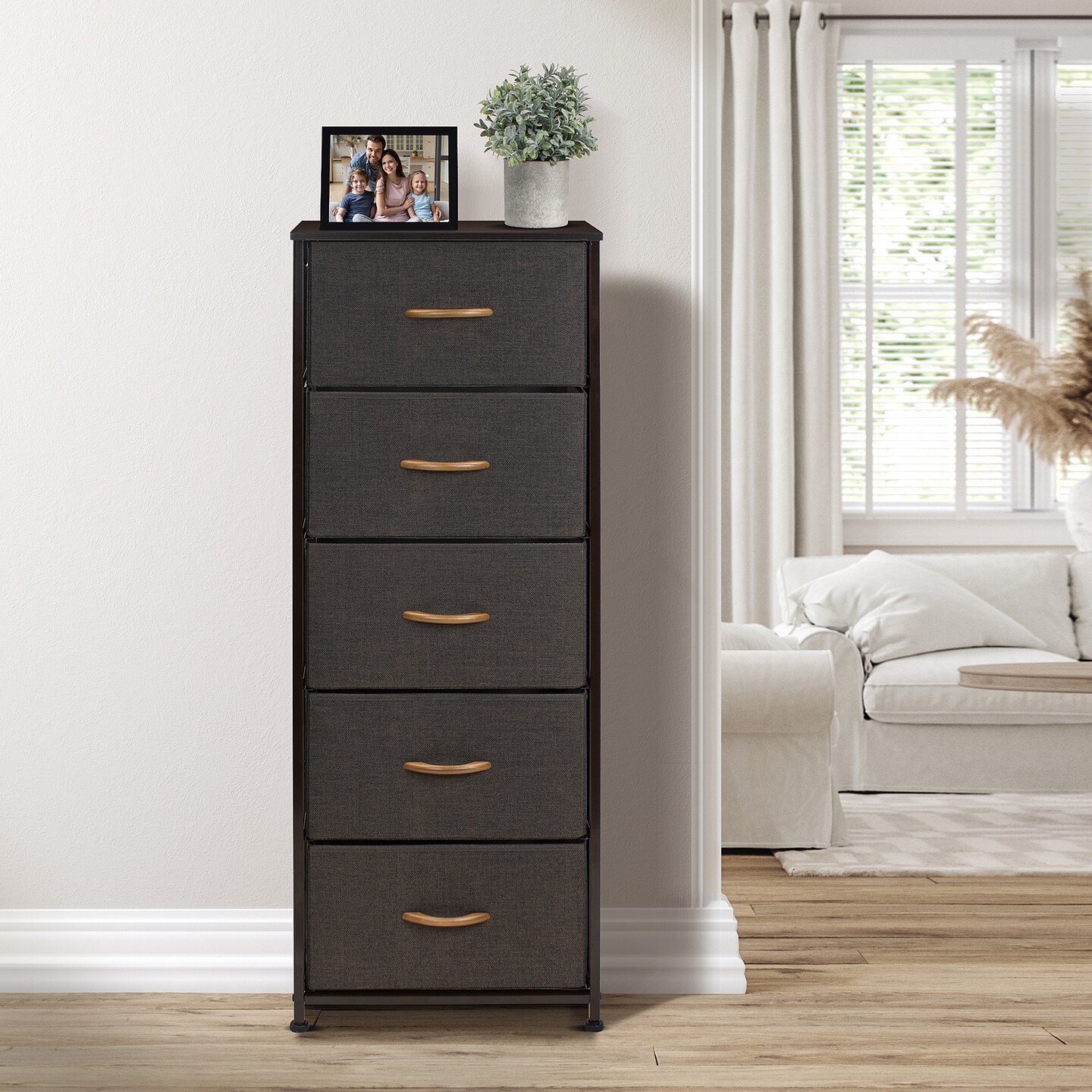 Sorbus Narrow 5 Drawers Nightstand with Steel Frame, Wood Top, Easy Pull Fabric Bins for Home, Bedroom, Office & Dorm