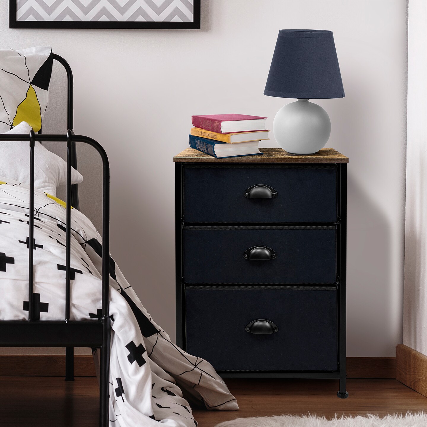 Sorbus Nightstand with 3 Drawers - Furniture Storage for Bedroom, Closet, Office Organization - Steel Frame, Wood Top, Pastel Fabric Bin