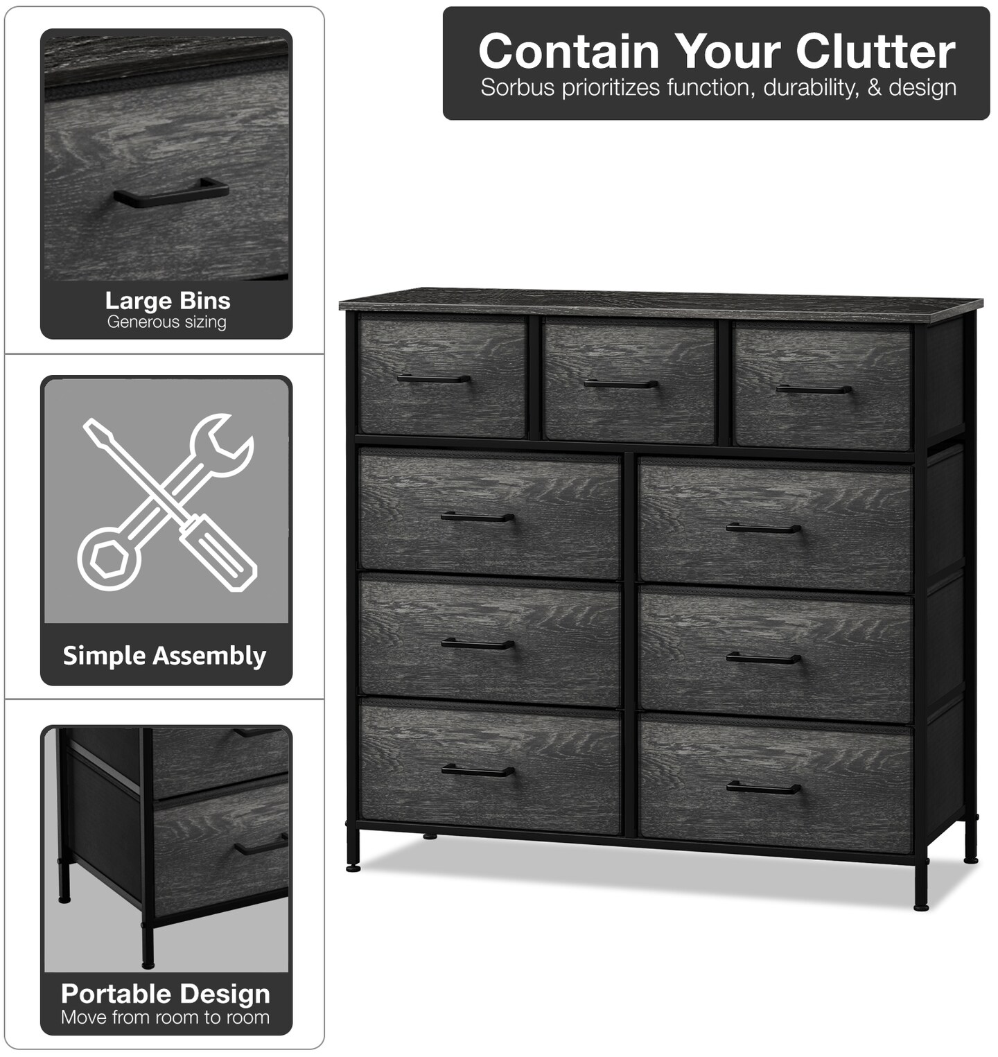 Sorbus Dresser with 9 Drawers - Furniture Storage Chest Tower Unit for Bedroom, Closet, etc - Steel Frame, Wood Top, Fabric Bins