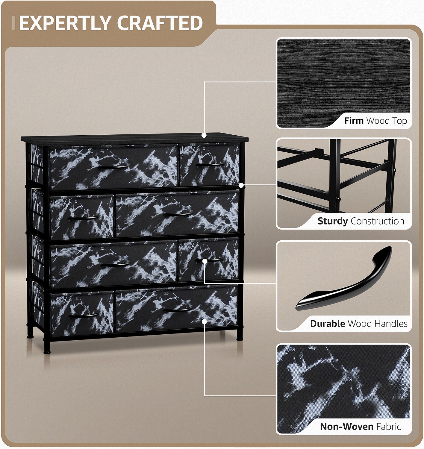 Sorbus Dresser with 8 Drawers - Storage Chest Organizer with Steel Frame, Wood Top, Handles, Fabric Bins