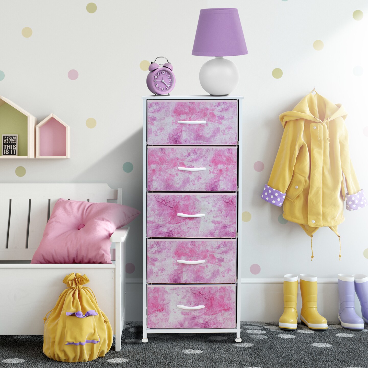 Sorbus Narrow 5 Drawers Nightstand with Steel Frame, Wood Top, Easy Pull Fabric Bins for Home, Bedroom, Office & Dorm