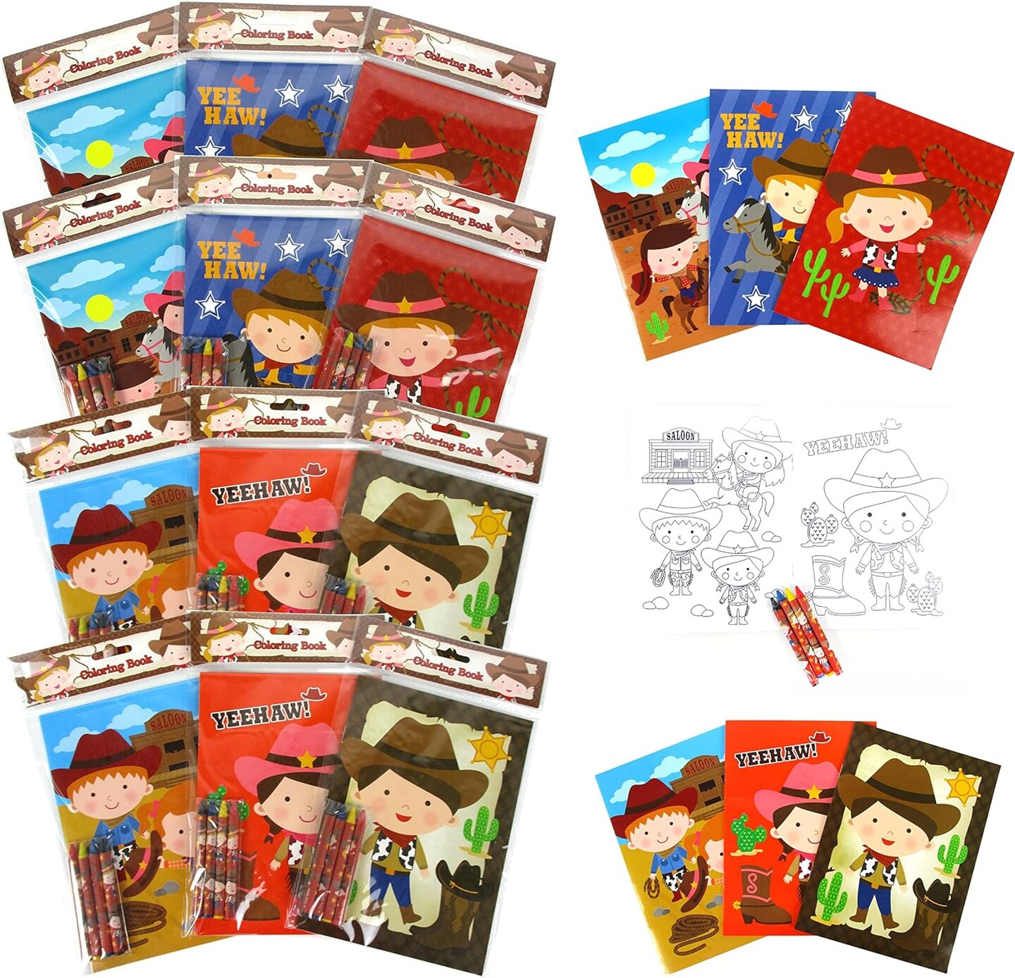 TINYMILLS Western Cowboy Cowgirl Coloring Book Set with 12 Coloring Books and 48 Crayons