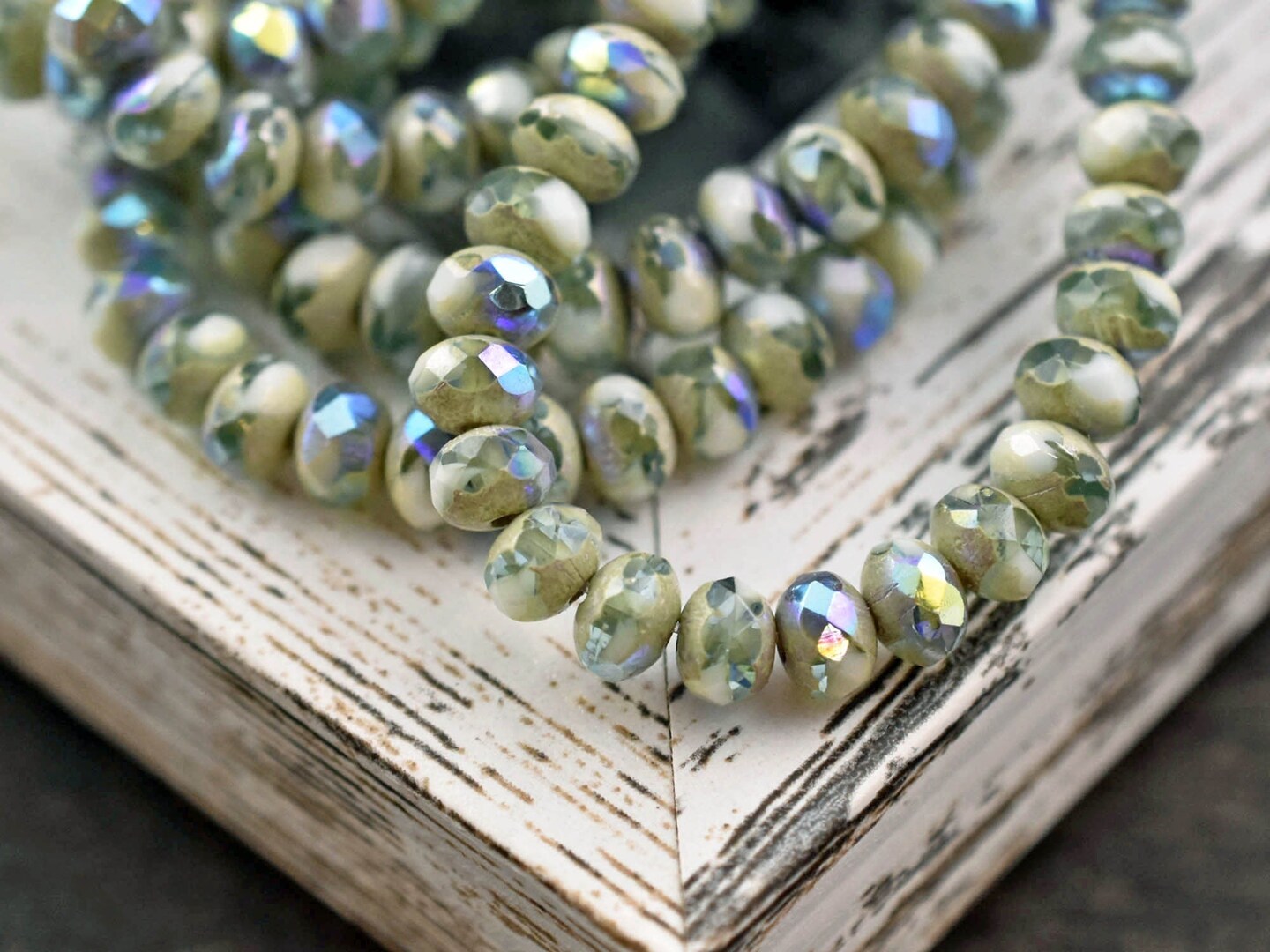 *30* 3x5mm Antique Silver AB Washed Blended Green/White Fire Polished Rondelle Beads