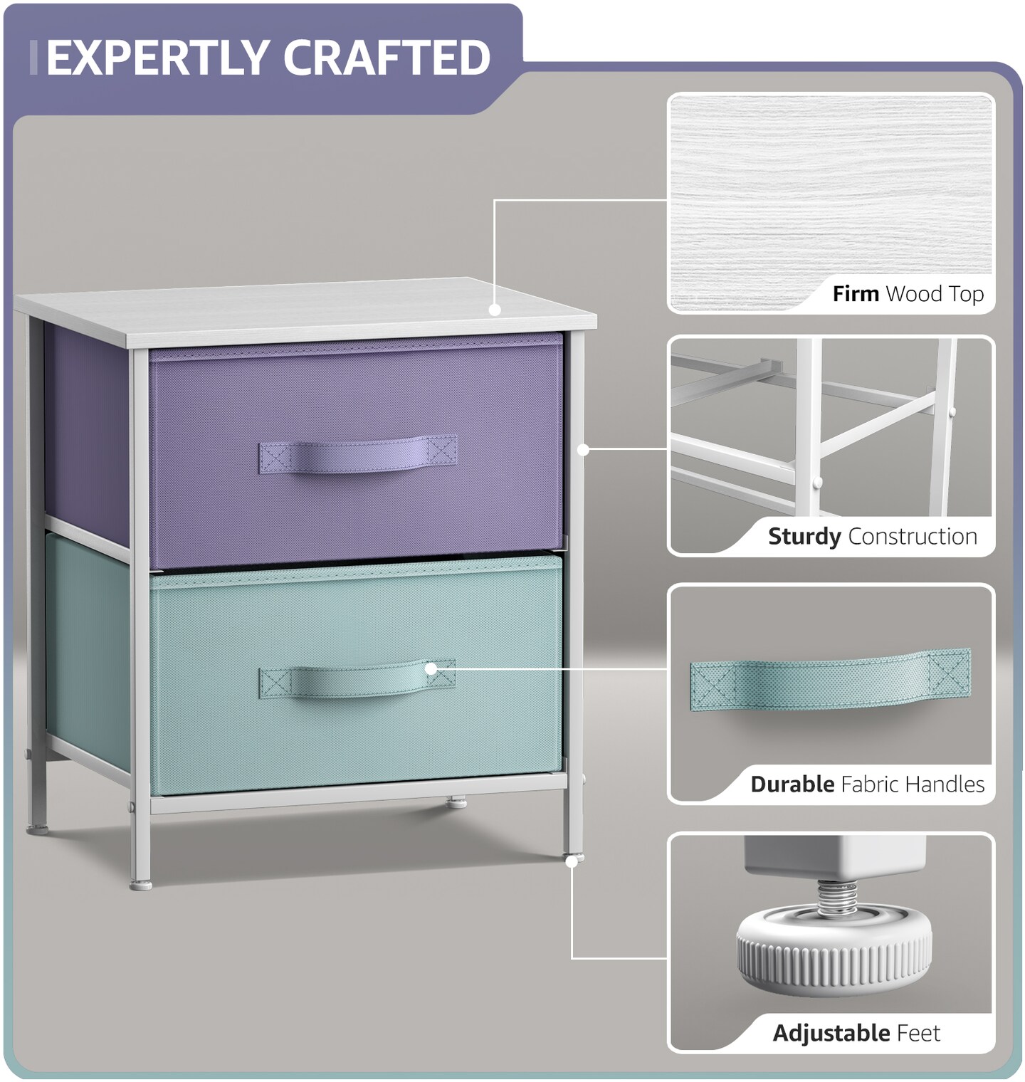 Sorbus Nightstand with 2 Drawers - Steel Frame, Wood Top & Easy Pull Fabric Bins - Great for Home, Bedroom, Office & College Dorm