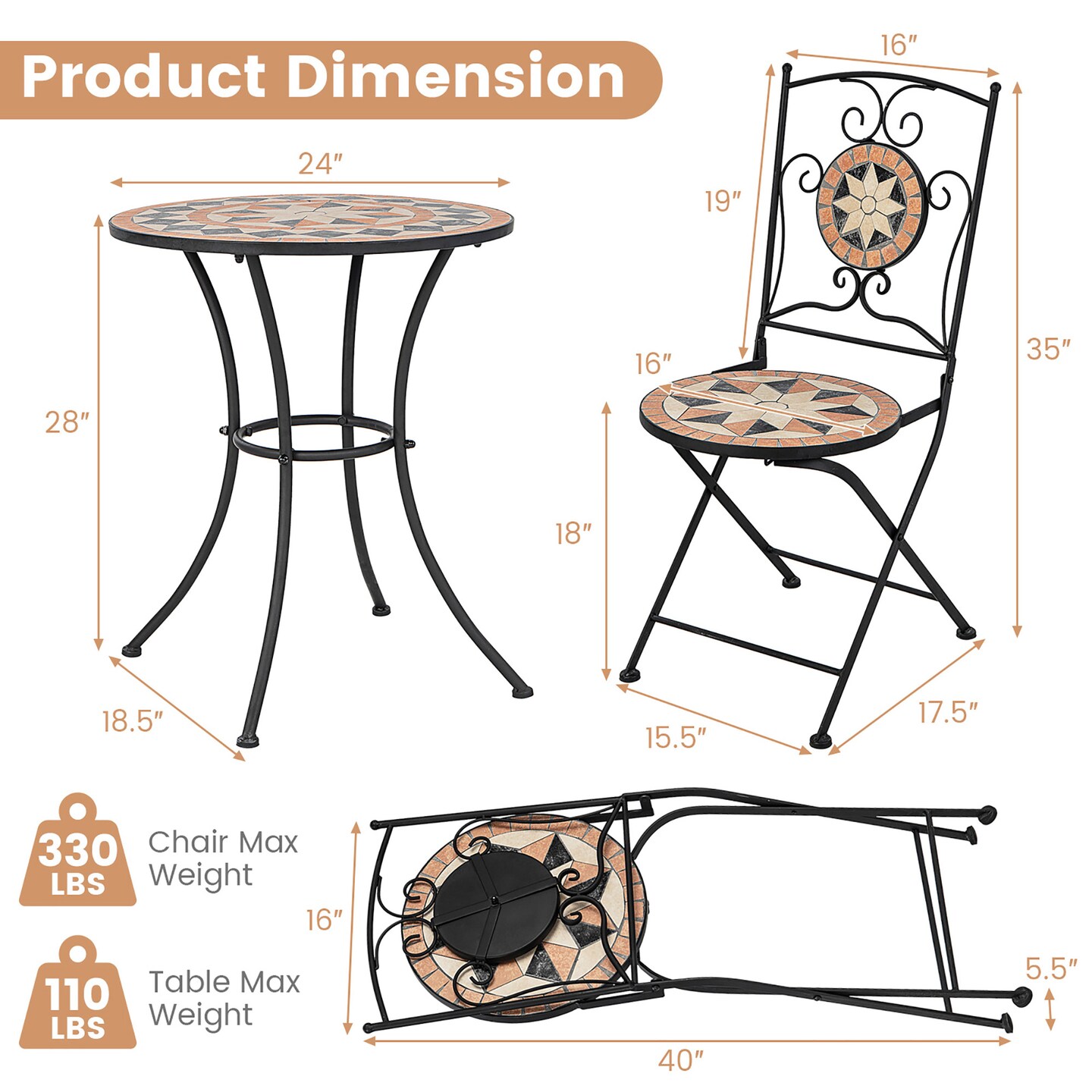 3pcs Patio Bistro Set Outdoor Patio Conversation Furniture Folding Dining Garden