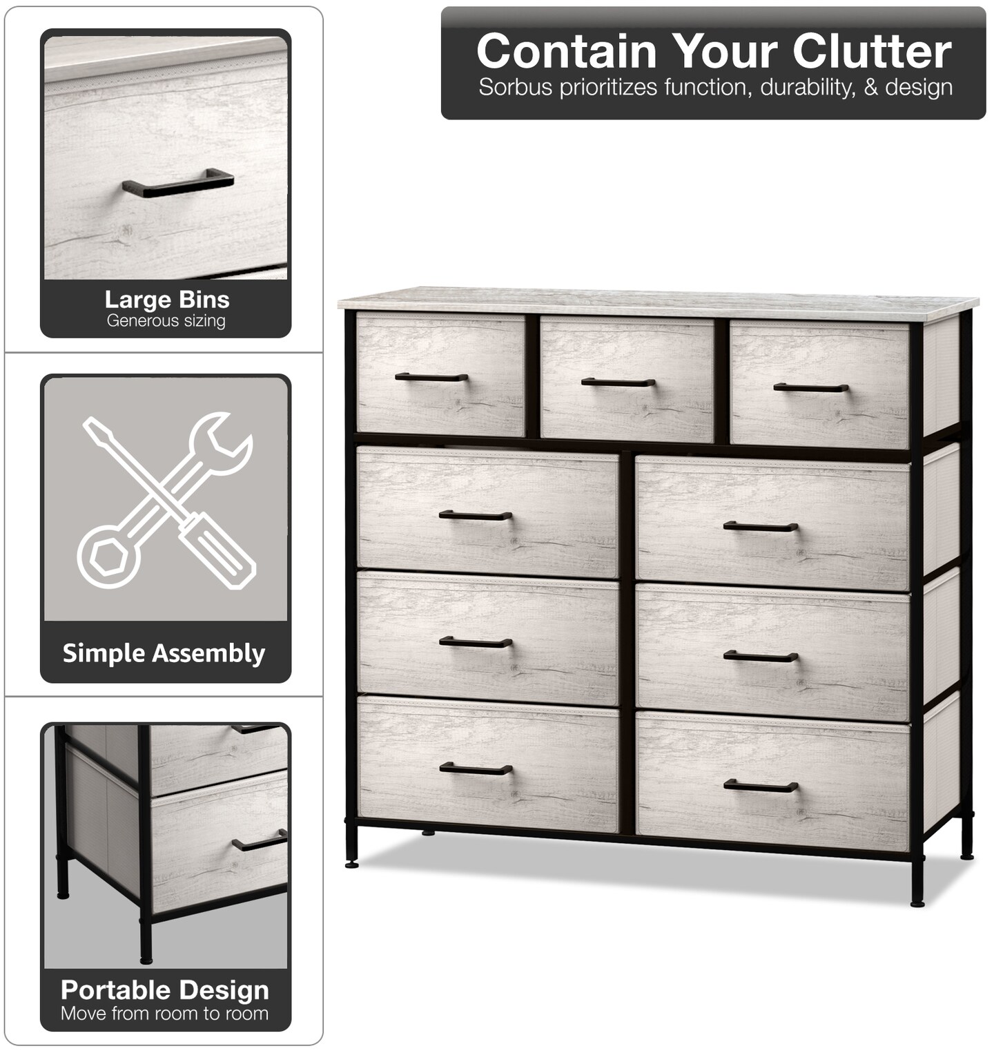 Sorbus Dresser with 9 Drawers - Furniture Storage Chest Tower Unit for Bedroom, Closet, etc - Steel Frame, Wood Top, Fabric Bins