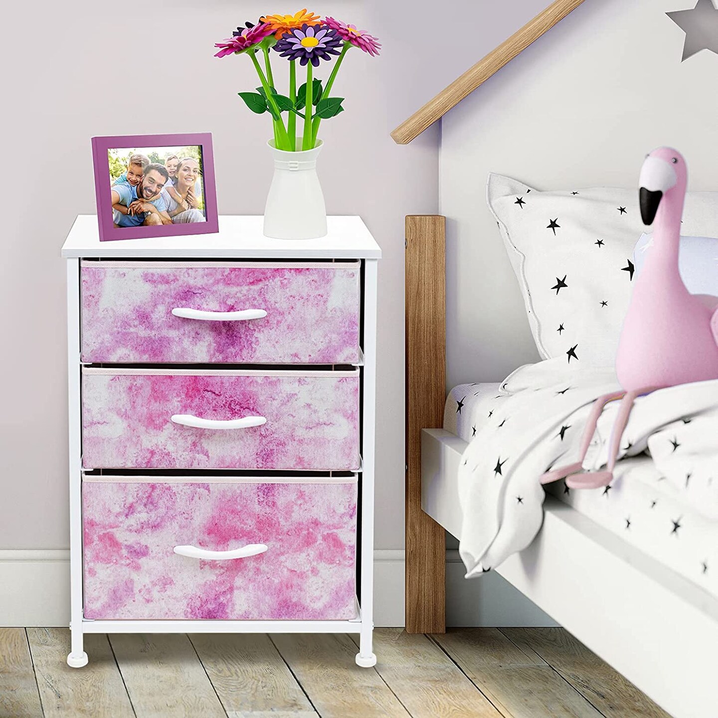Sorbus Nightstand with 3 Drawers - Furniture Storage for Bedroom, Closet, Office Organization - Steel Frame, Wood Top, Pastel Fabric Bin