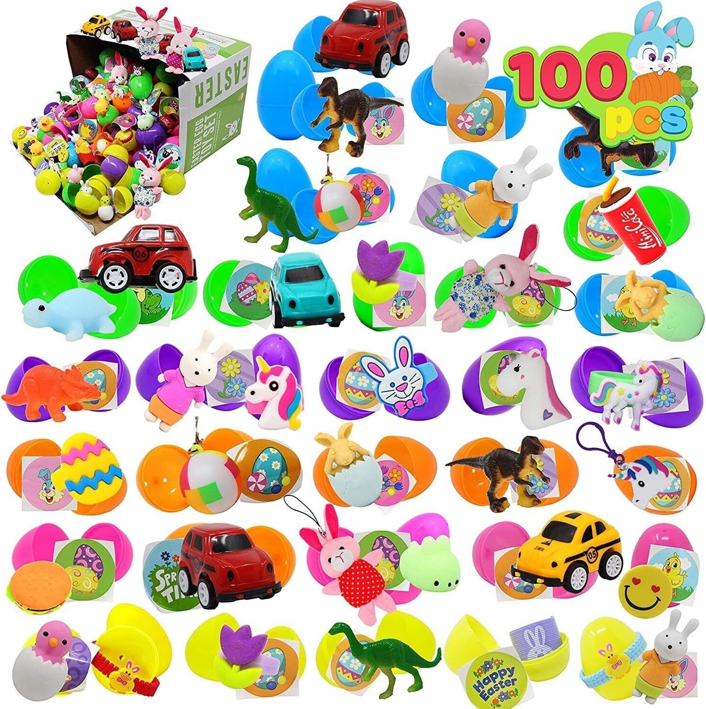 100 Pcs Prefilled Easter Eggs with Toys Party Favors Plus Stickers for Kids