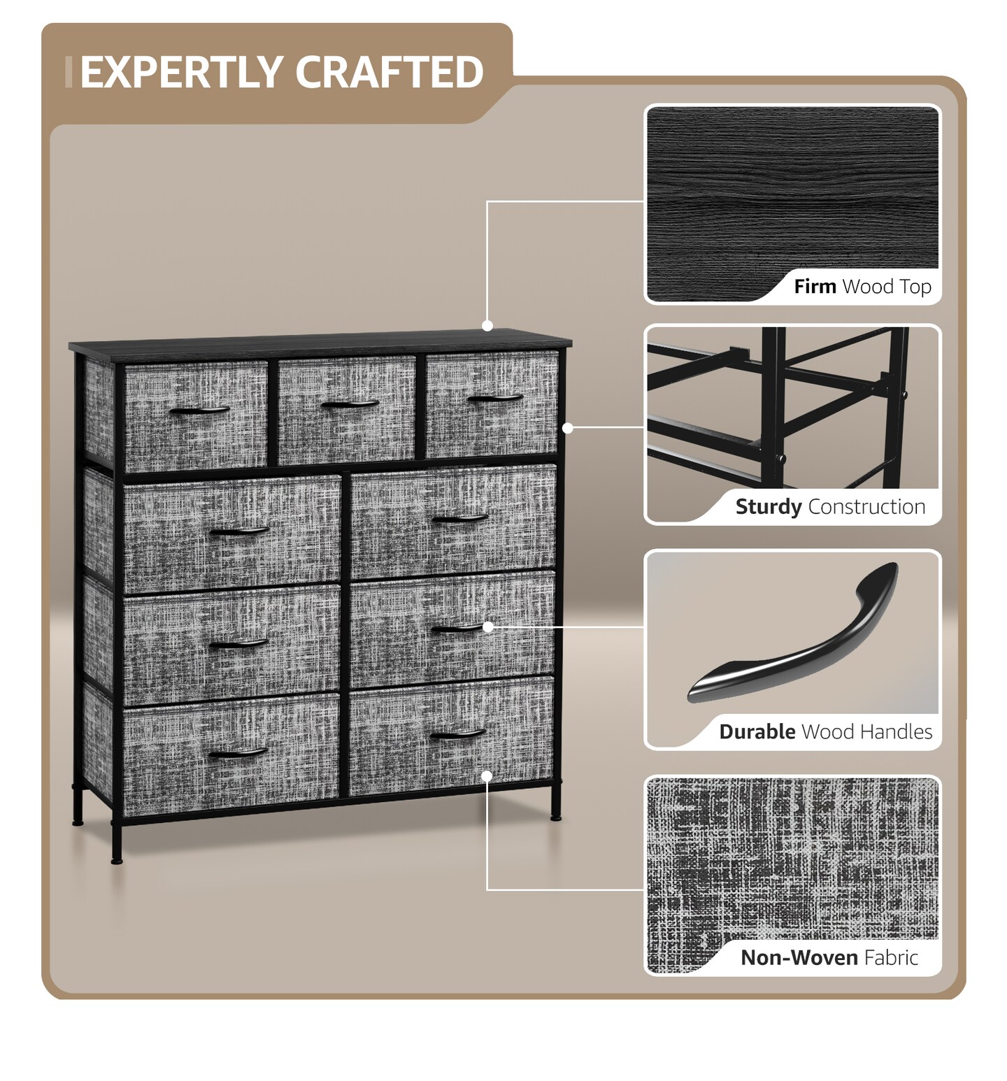 Sorbus Dresser with 9 Drawers - Furniture Storage Chest Tower Unit for Bedroom, Closet, etc - Steel Frame, Wood Top, Fabric Bins