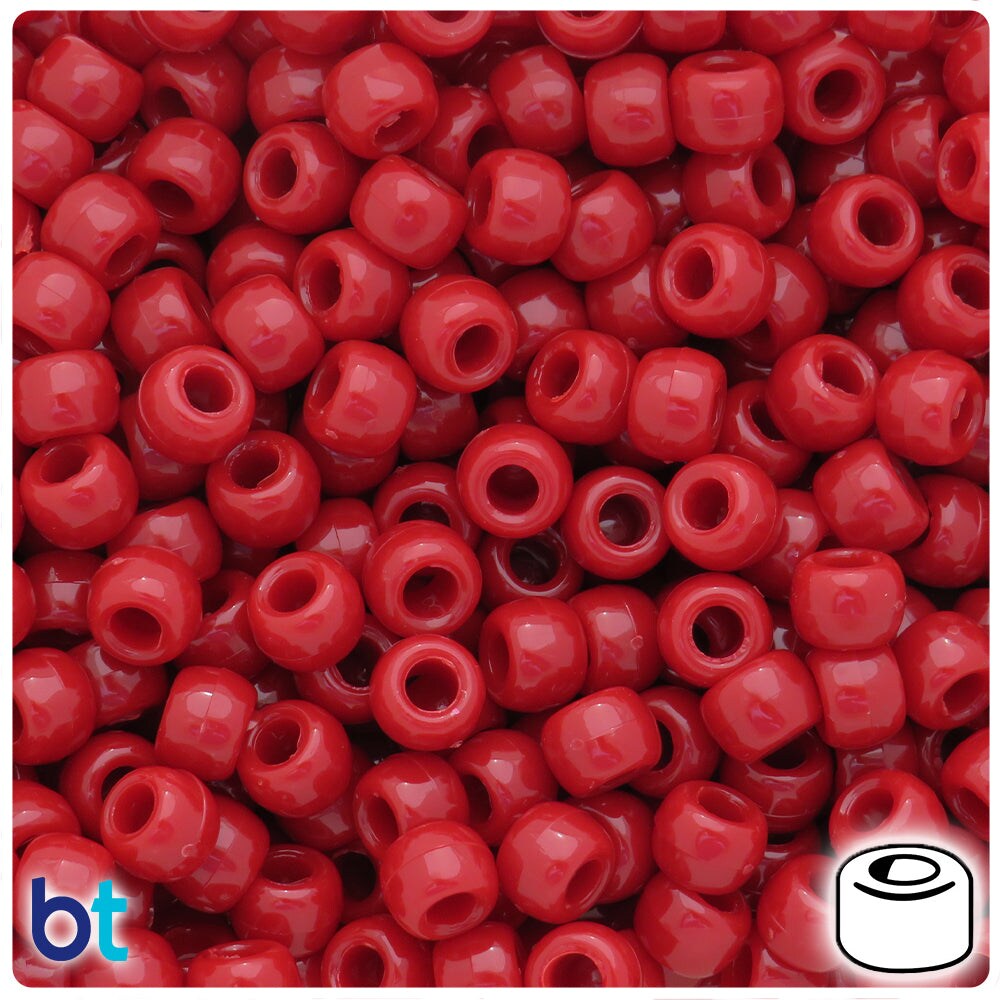BeadTin Red Opaque 9mm Barrel Plastic Pony Beads (500pcs)