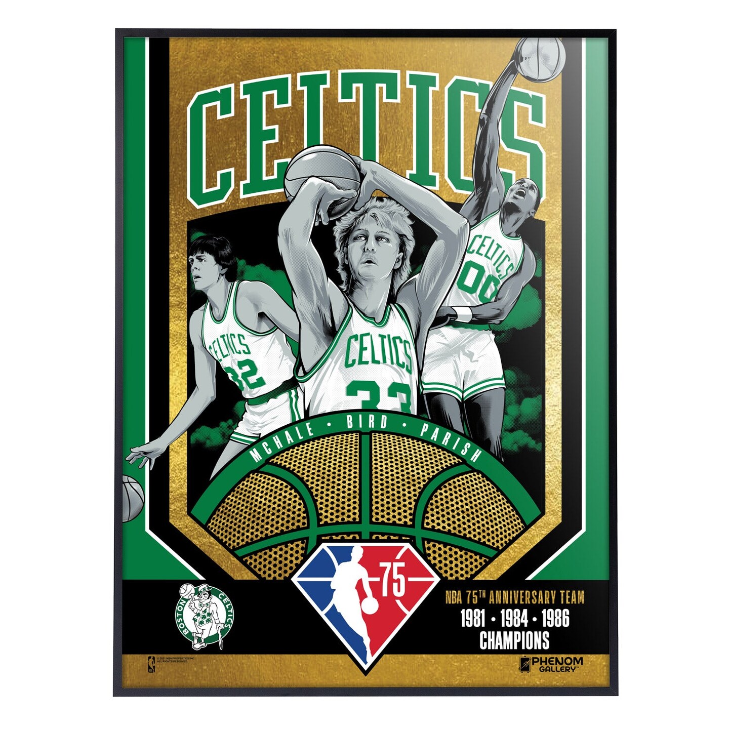 Phenom Gallery Boston Celtics 75th Anniversary 80&#x27;s NBA Champions 18&#x22; x 24&#x22; Gold Foil Serigraph