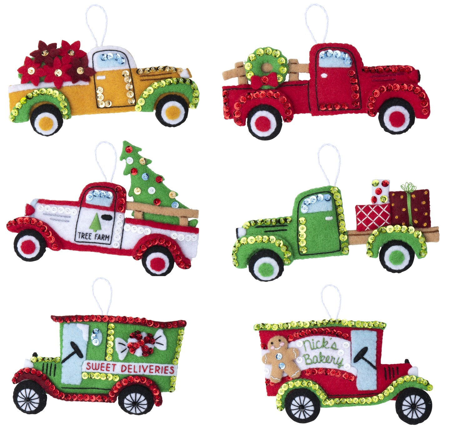 Bucilla Felt Applique DIY Holiday Ornament Kit, Vintage Trucks, Set of 6 