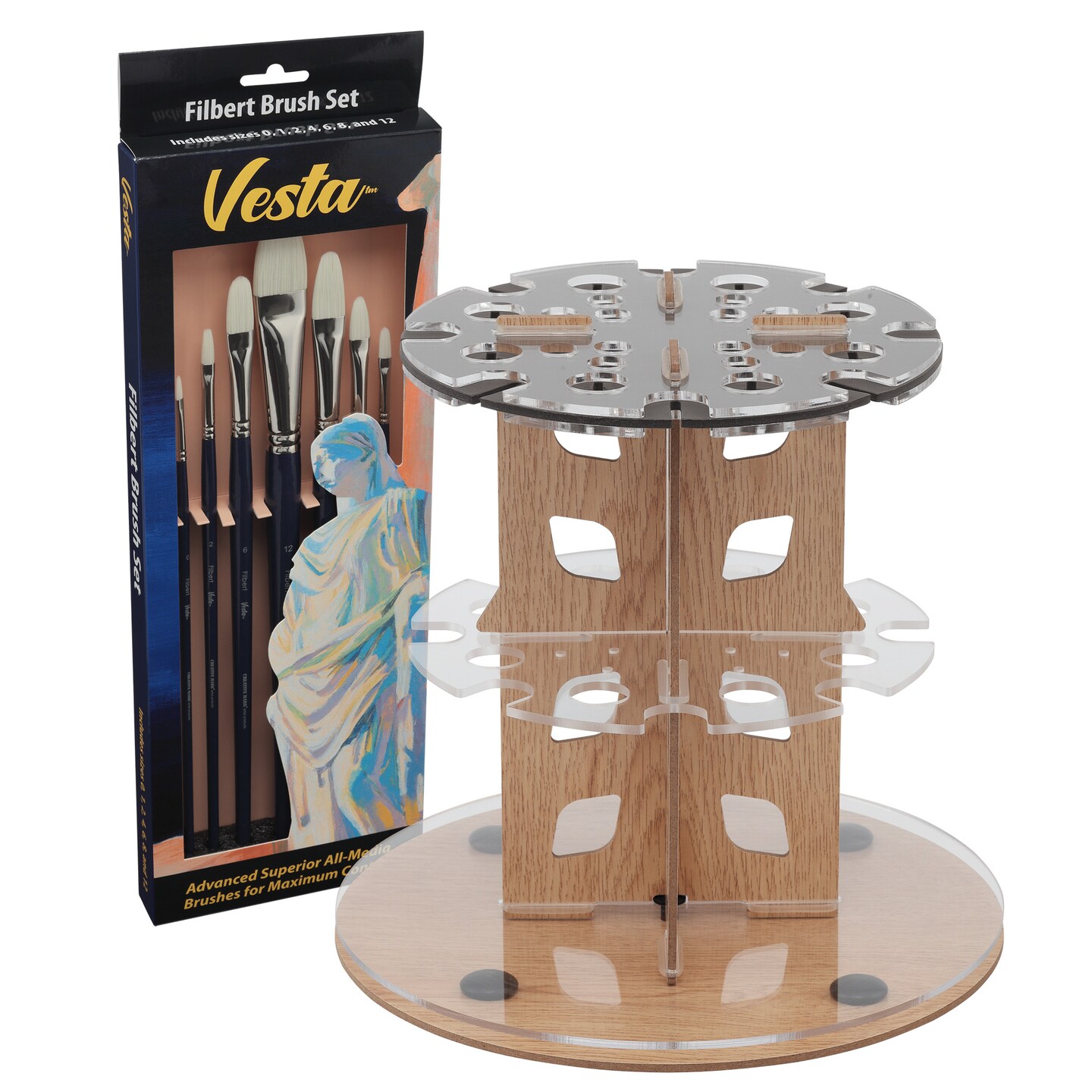 Mezzo Rotating Paint Brush Storage Rack with Vesta Synthetic Artist Paint Brushes for Acrylic Painting - Filbert Acrylic Paint Brush Set of 7 - with Brush Drying Carousel - Holds Up to 28 Brushes