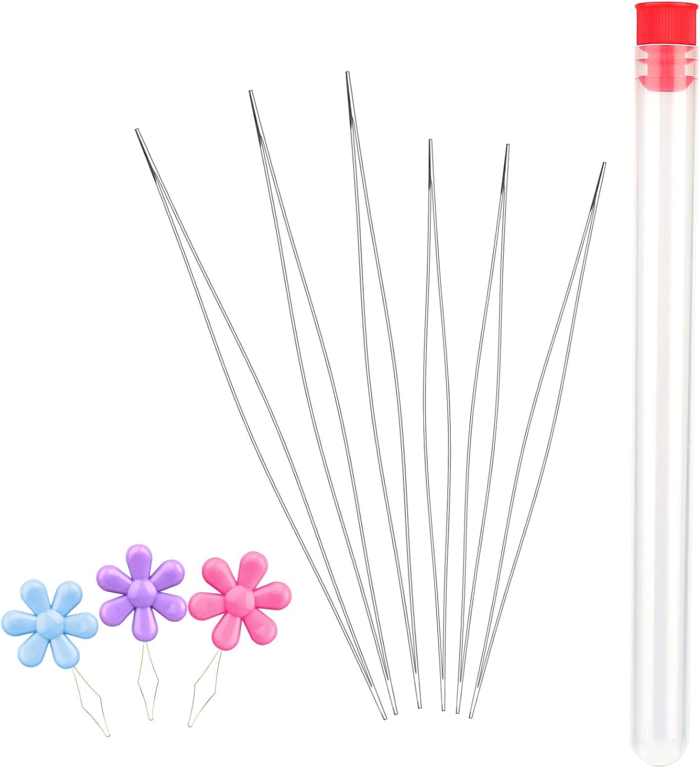 6 Pieces Beading Needles, 2 Sizes Long Straight Beading Embroidery Needles with Needle Bottle and 3 Pcs Bead Needle Threader for Jewelry Making(4.52inch+5.03inch)