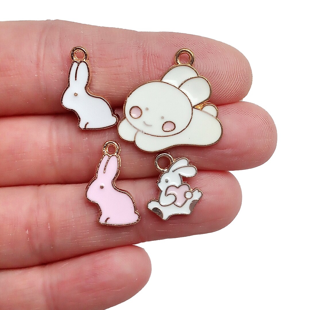 Rabbit Charms, 8 pcs, 4 pairs, Enamel Bunny Charm Set, Adorabilities