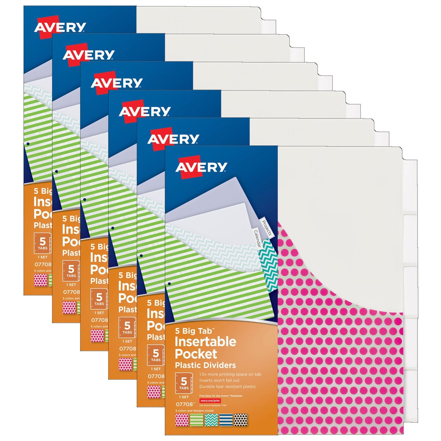 Big Tab&#x2122; Insertable Plastic Dividers with Pockets, 5-Tab Set, Assorted Designs, 6 Sets