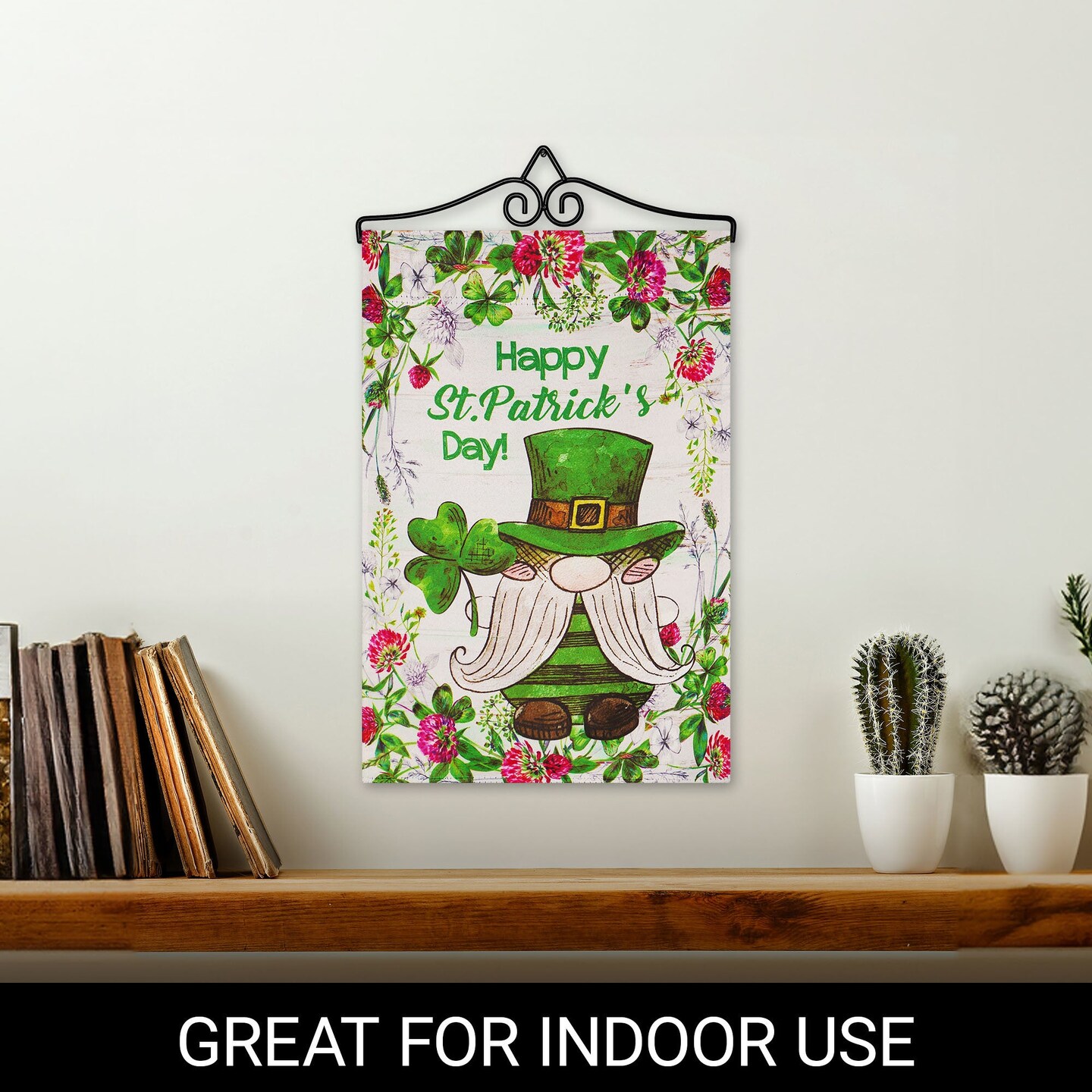 G128 Combo Pack Garden Flag Hanger 14IN & Garden Flag Happy St. Patrick's Day Gnome Leprechaun 12x18IN Printed Double Sided Blockout Fabric