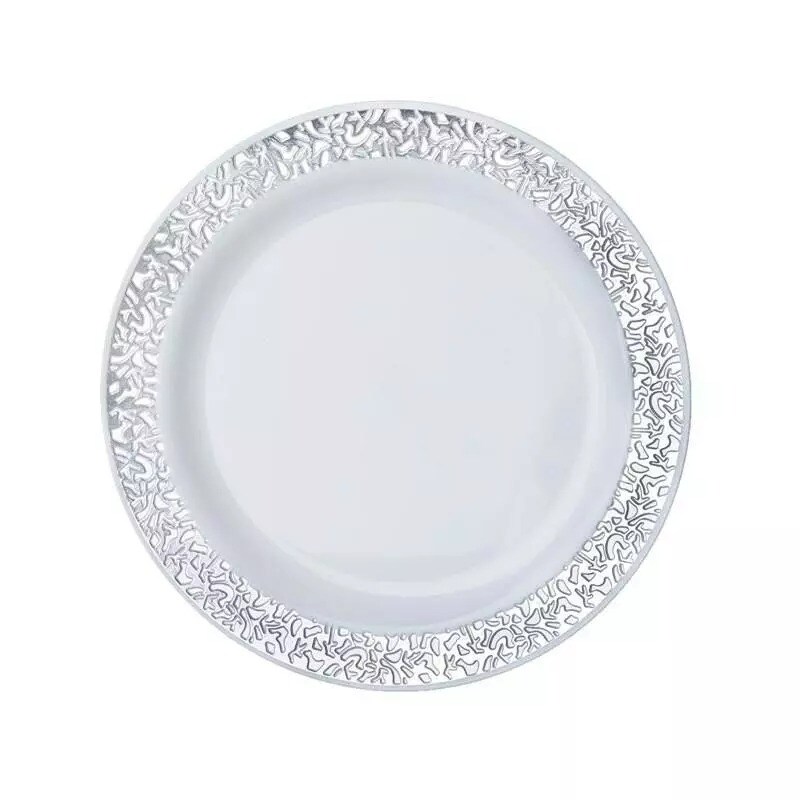 10 pcs Plastic WHITE with Silver Rim 6" PLATES Disposable