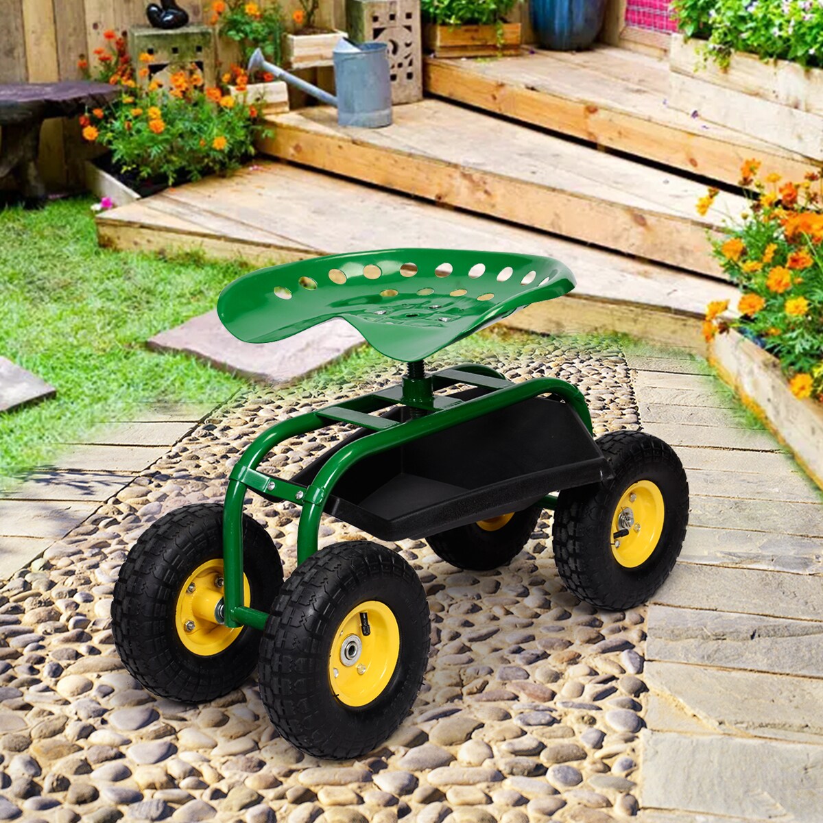 Garden Cart Rolling Work Seat With Heavy Duty Tool Tray Gardening Planting