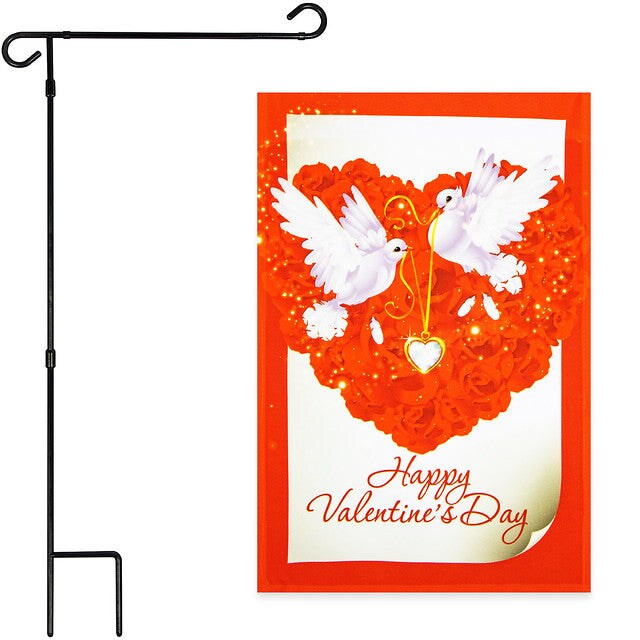 G128 Combo Pack: Garden Flag Stand Black 36x16 Inch &#x26; Garden Flag Happy Valentine&#x27;s Day Doves 12x18 Inch