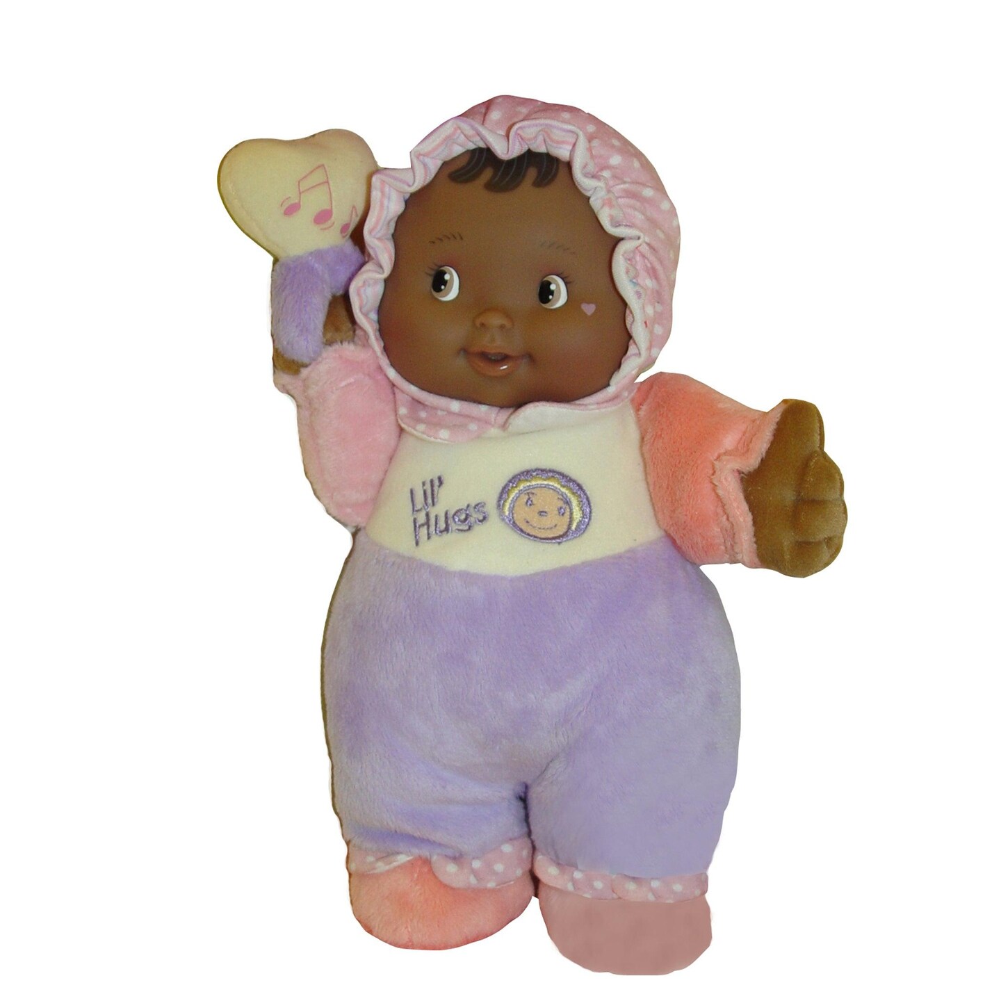 Lil&#x27; Hugs Baby&#x27;s First Soft Doll, Vinyl Face, Pastel Outfits with Rattle, 12&#x22; African-American