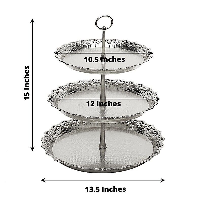 SILVER 15" Plastic 3 Tier Metallic Round CUPCAKE DISPLAY Tower Lace Cut