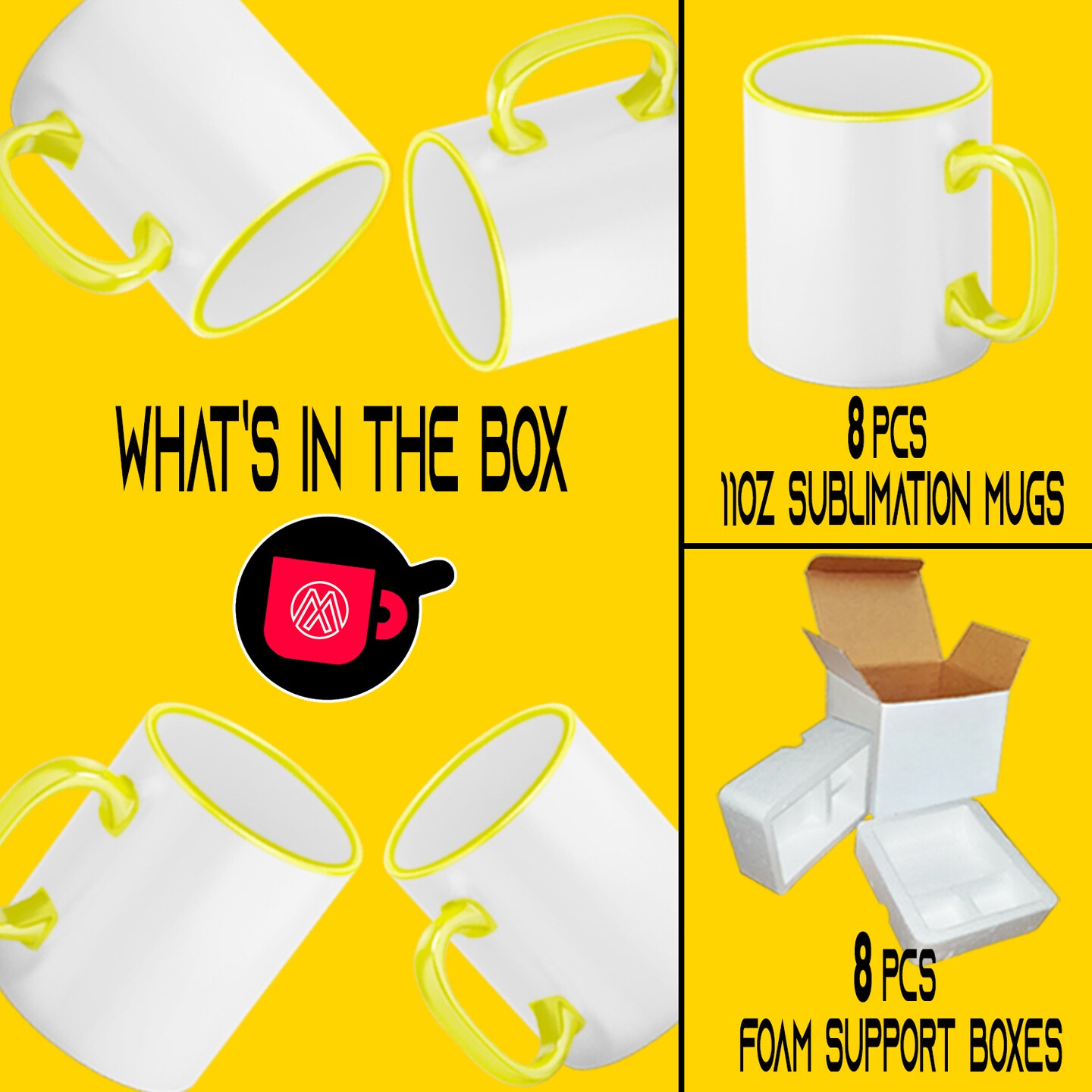8 Pcs Yellow Sublimation 11oz Rim Handle Mugs With Foam Support Boxes