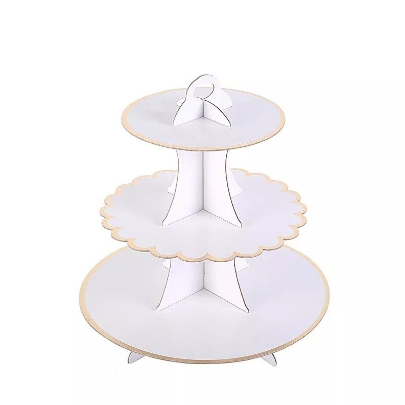 3 Tiers WHITE with GOLD TRIM 13&#x22; Cardboard Cupcake Stand