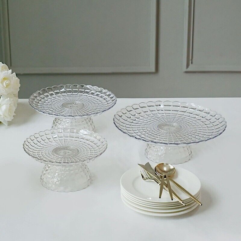 3 Clear Plastic CUPCAKE STANDS Pressed Design Stackable