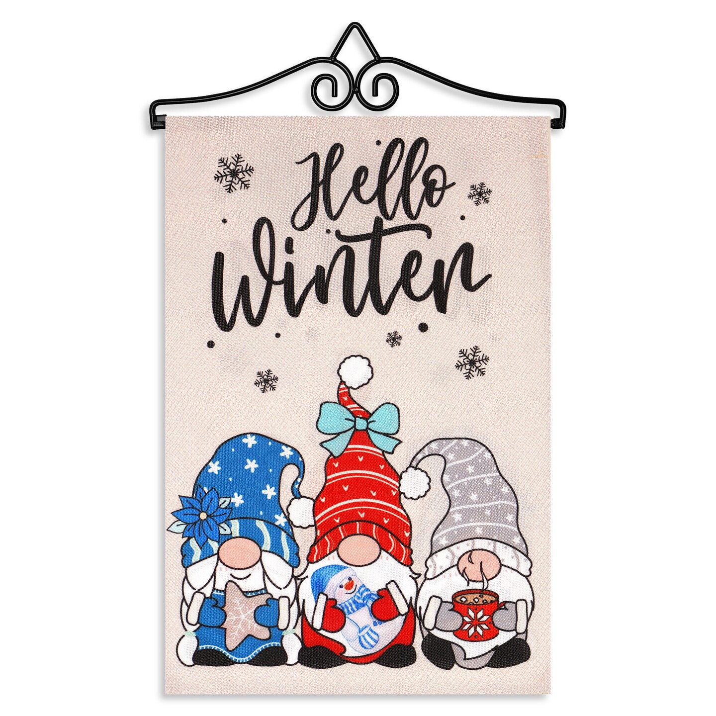 G128 Combo Pack Garden Flag Hanger 14IN &#x26; Garden Flag Hello Winter 3 Cozy Gnomes with Hot Chocolate 12x18IN Printed Double Sided Burlap Fabric