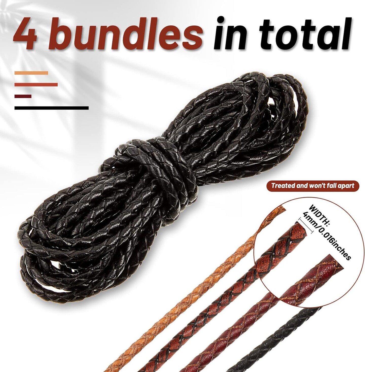 8yd Braided Leather Cord Antique Genuine Leather Strap Folded Bolo Tie Cord Rope Lace for Necklace Bracelet Pendent Jewelry Making Beading Braiding (Black, Brown,tan, Reddish Brown,4 mm)
