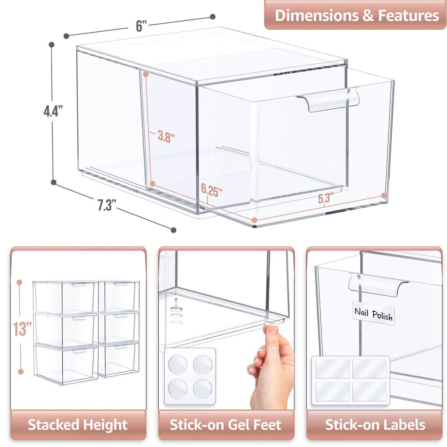 Sorbus 6 Pack Clear Stackable Acrylic Drawer Makeup Organizers - for Vanity, Bathroom, Under Sink, Cabinets, Jewelry, and More