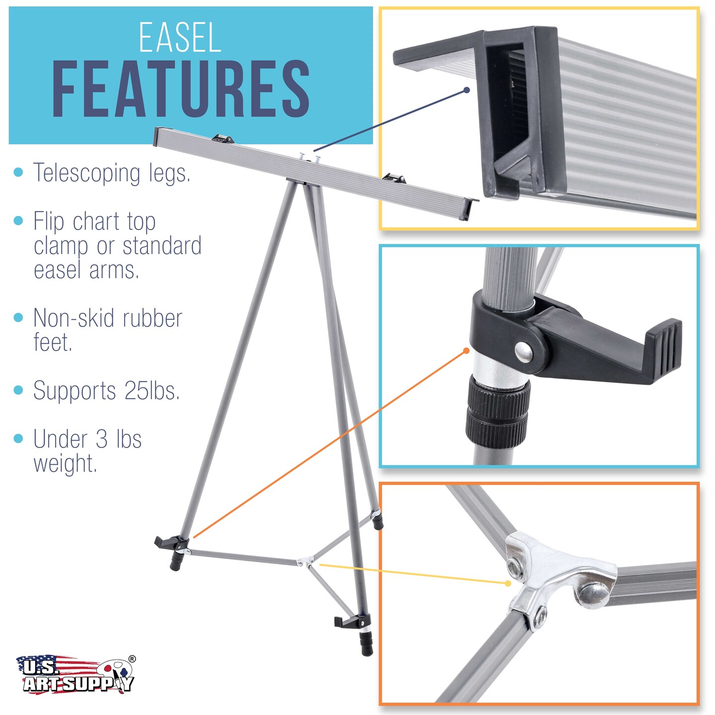 66&#x22; High Classroom Silver Aluminum Flipchart Display Easel and Presentation Stand (Pack of 4) - Large Adjustable Floor and Tabletop Portable Tripod