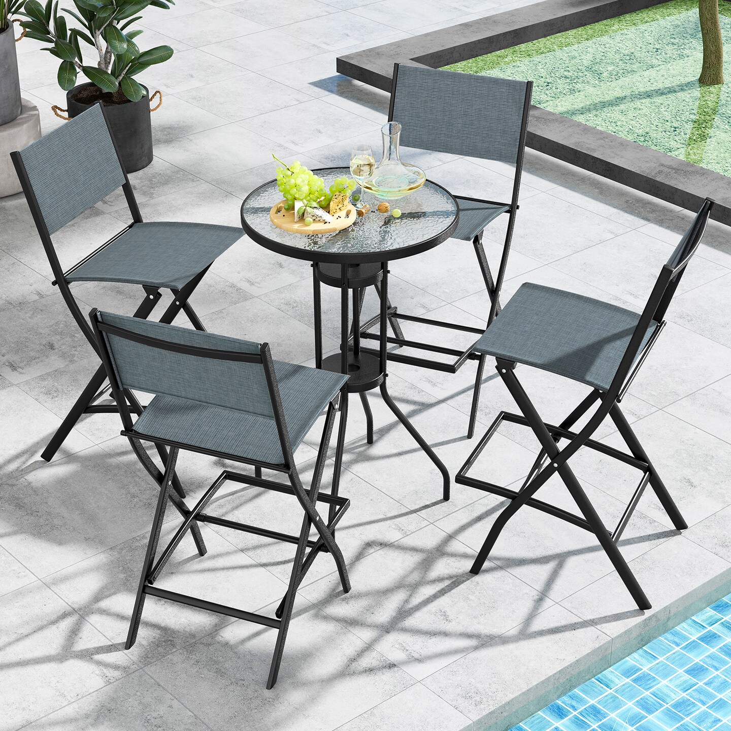 Outdoor Folding Bar Height Stool Set Of 4 With Metal Frame And Footrest