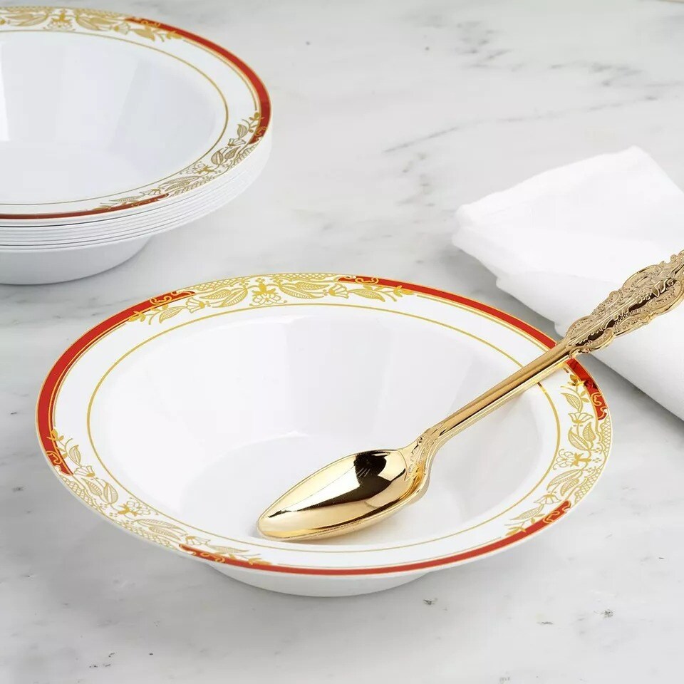 10 pcs White Plastic 12 oz Bowls Gold Red Trim