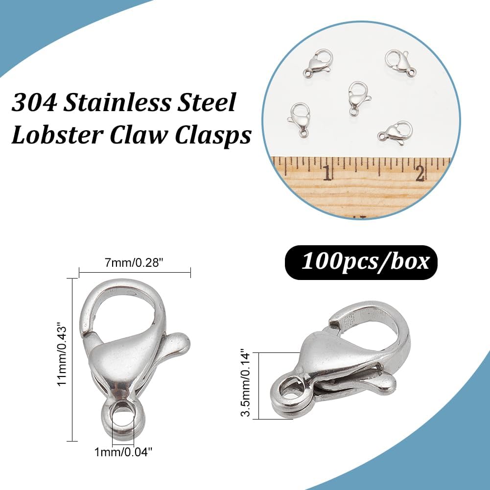 100pcs Lobster Claw Clasps Grade A 304 Stainless Steel Jewelry Lobster Clasp Fastener Hook Clasps for Necklaces Bracelet Jewelry Making 11x7mm