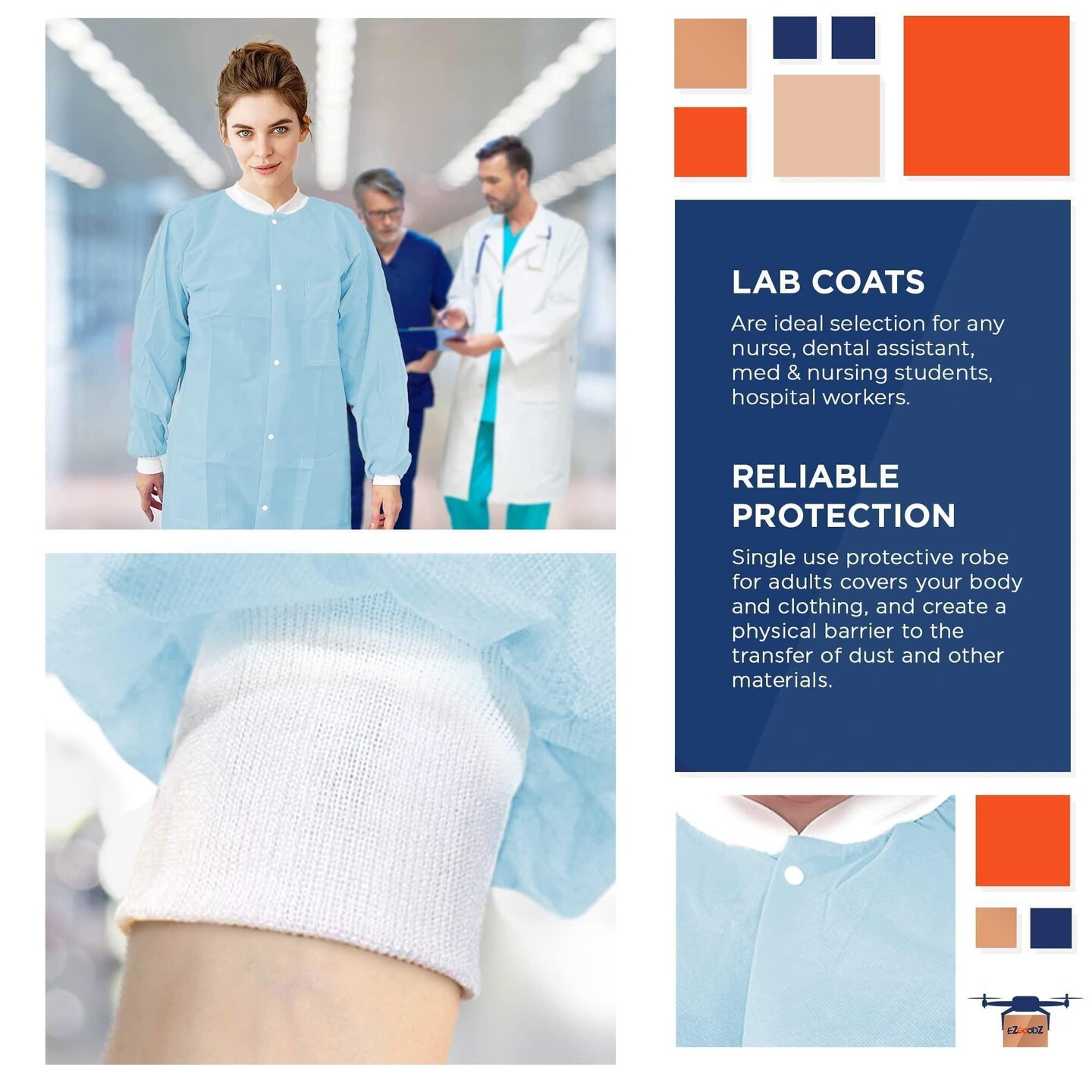 Disposable Lab Coat Small Pack of 10 Sky Blue Disposable Lab Coats for Adults SPP 45 GSM Painting Lab Coat Disposable Unisex Plastic Lab Coats with Snaps Knit Cuffs Collar 3 Pockets