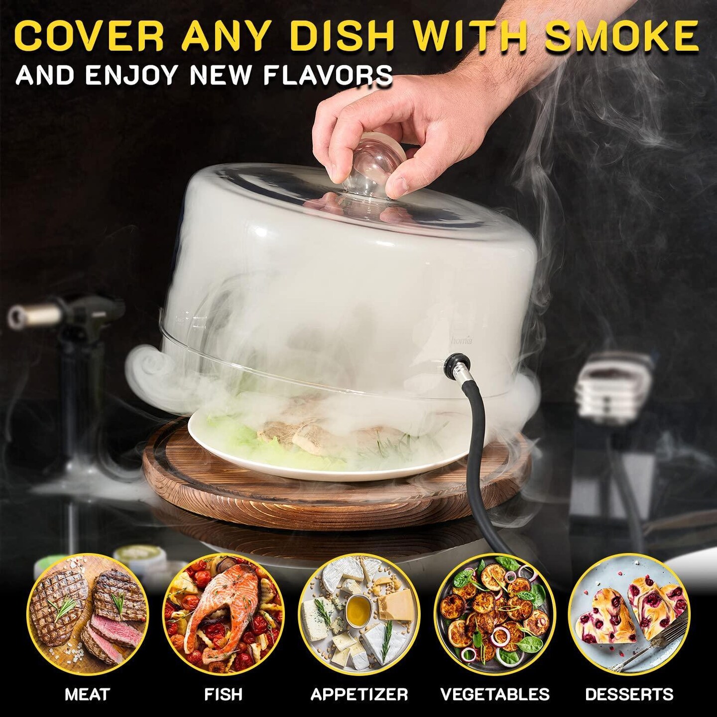 Smoking Gun Accessory Cloche with Wooden Base 11.8  x 6.7    Glass Smoke infuser Cover Lid for Cocktail Smoker   Dome for Cold Smoke Smoking Cloche for Drinks